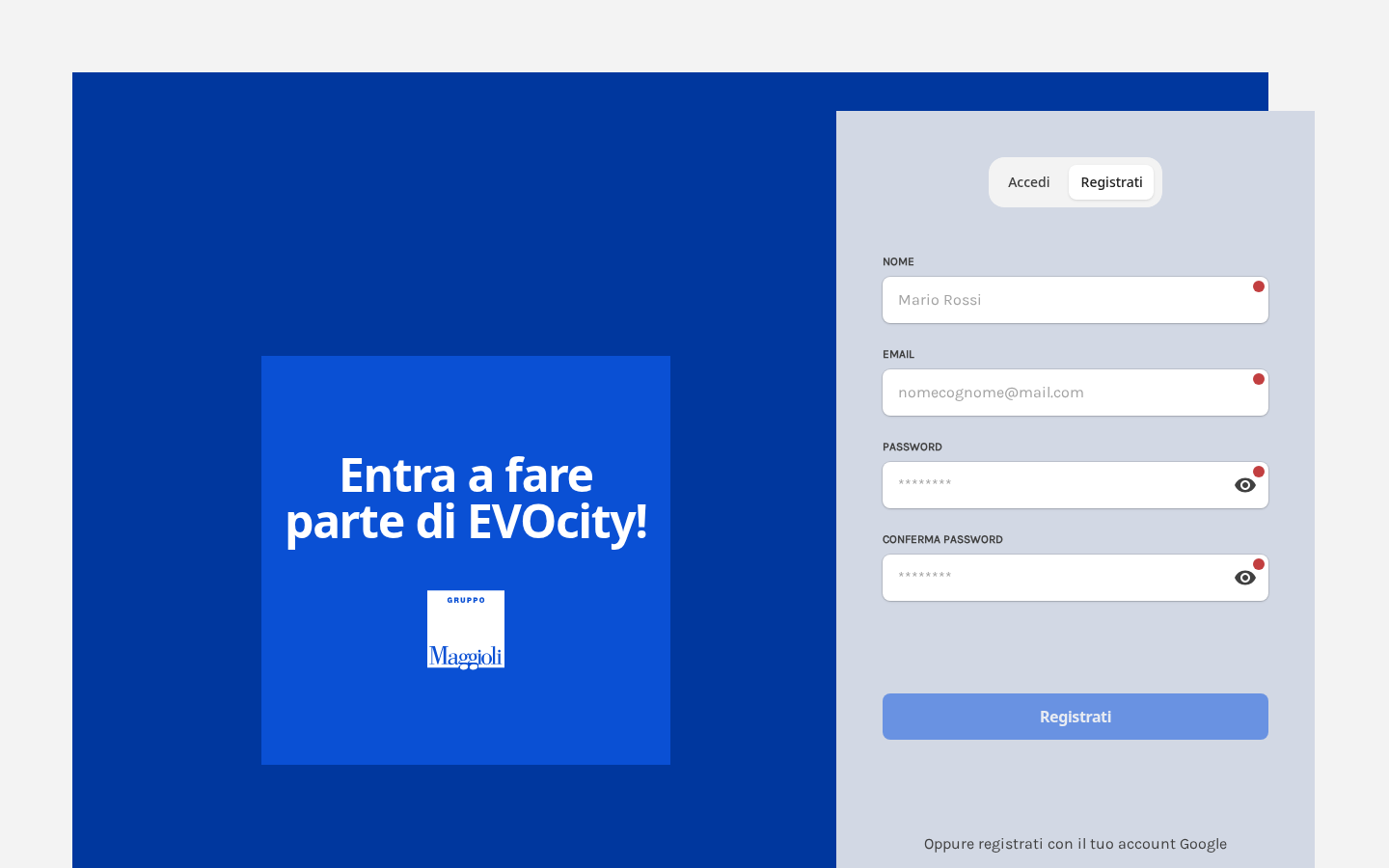 Form di registrazione del wizard self-service