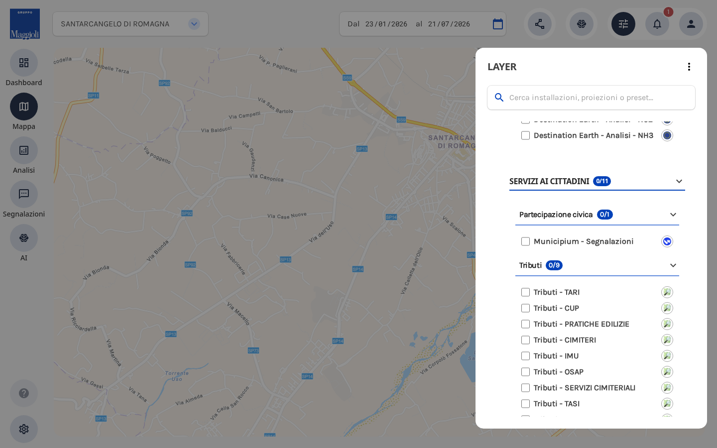 Layer dei verticali nel pannello Layer: Segnalazioni Municipium e zone Tributi